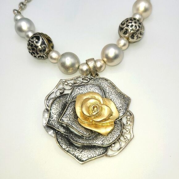 EFM Rose necklace Silver and Gold Rose Pendant Necklace - Picture 3 of 10